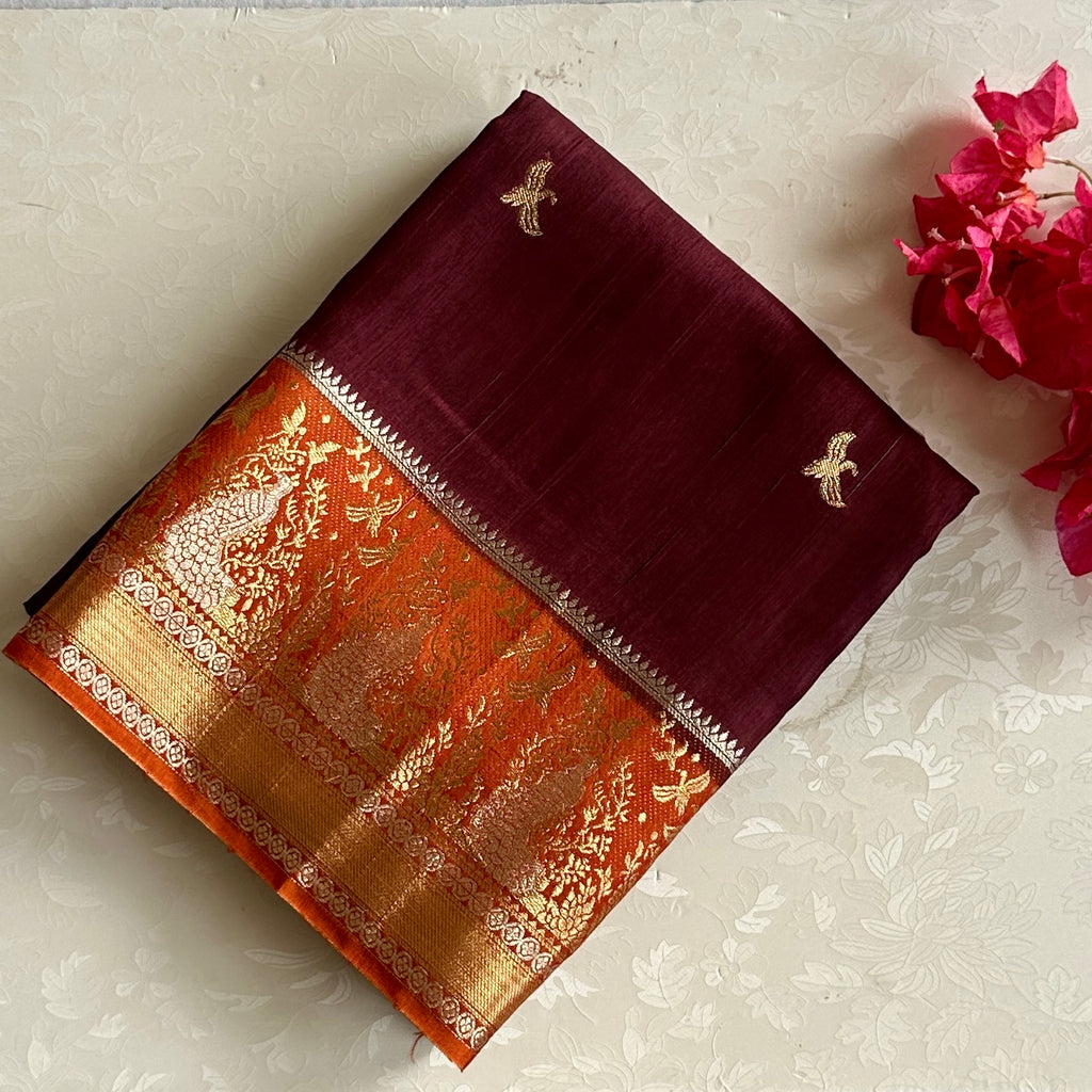 Deep Wine Maroon Soft Tussar Silk Saree With Saffron Orange Pallu