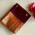 Deep Wine Maroon Soft Tussar Silk Saree With Saffron Orange Pallu