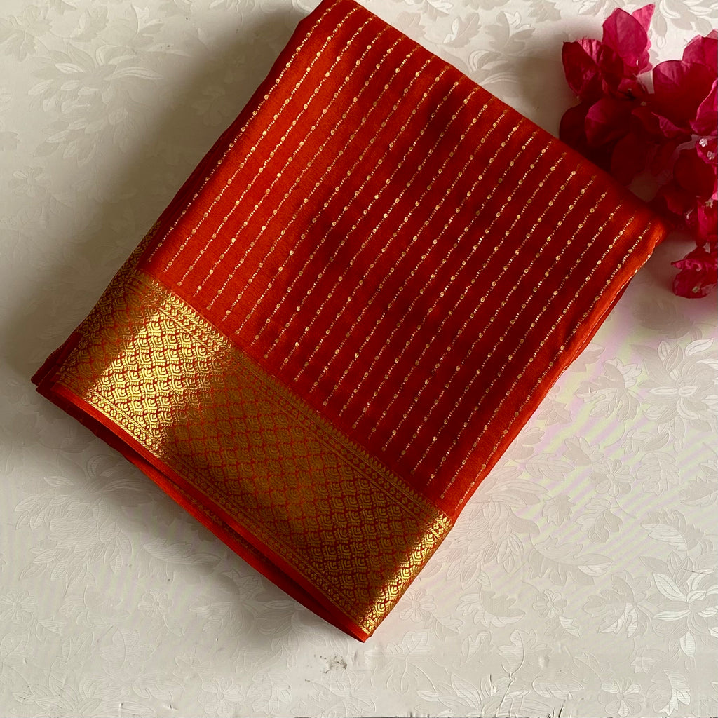 Burnt Orange Mysore Crepe Silk Saree With Metallic Gold Border