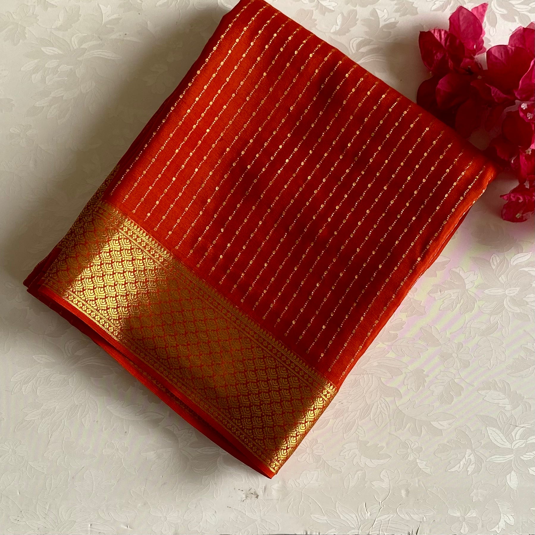 Burnt Orange Mysore Crepe Silk Saree With Metallic Gold Border