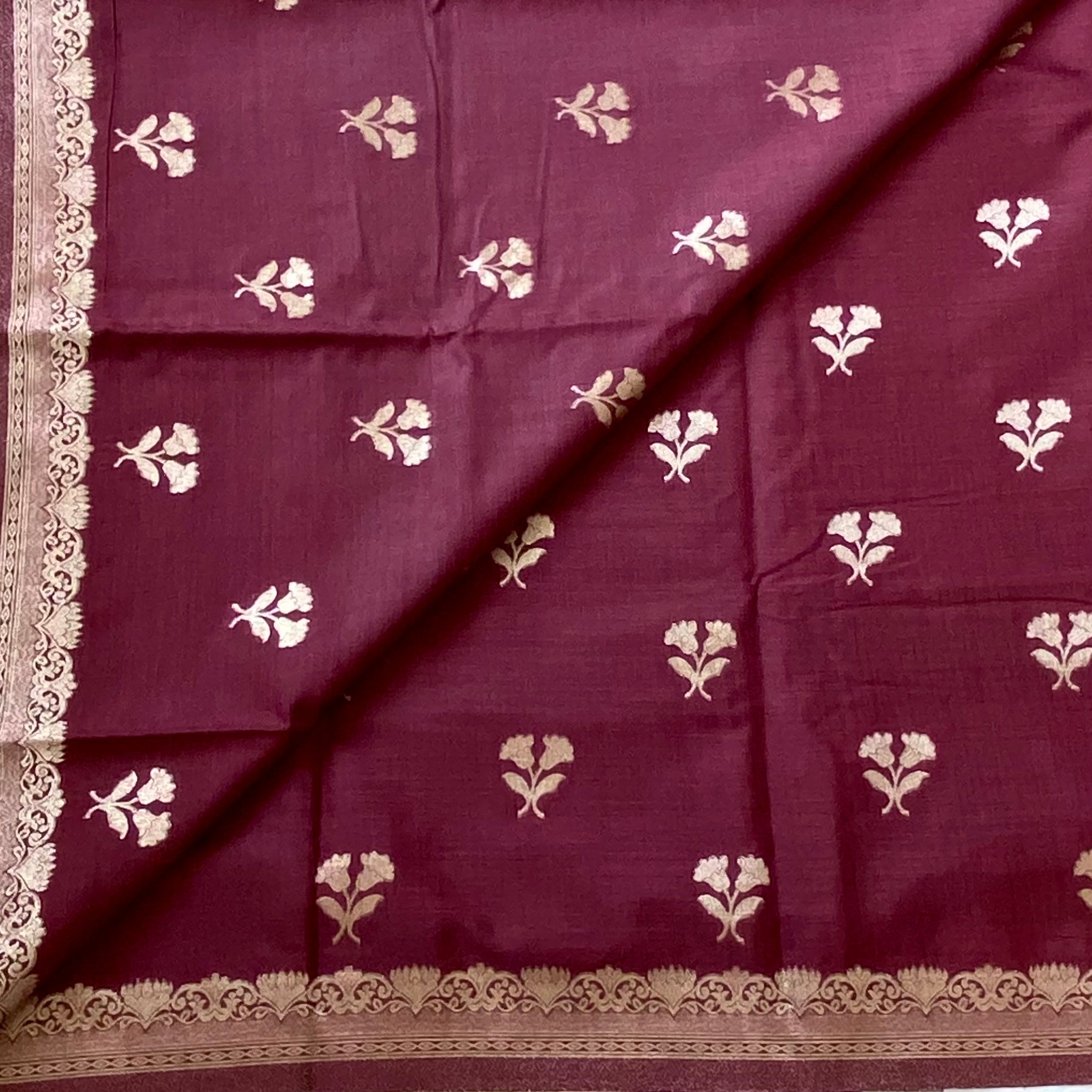Wine maroon soft tussar with antique silver buttas