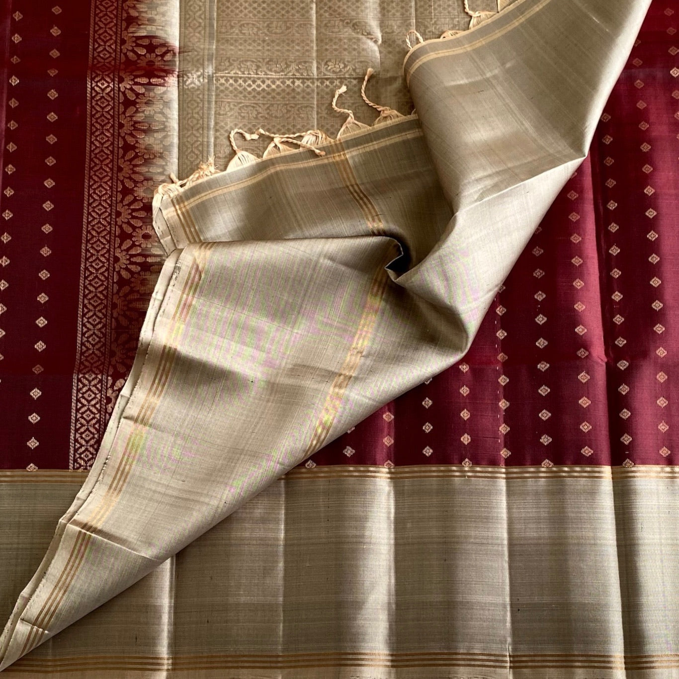 Deep Maroon Designer Pure Silk With Antique Gold Pallu