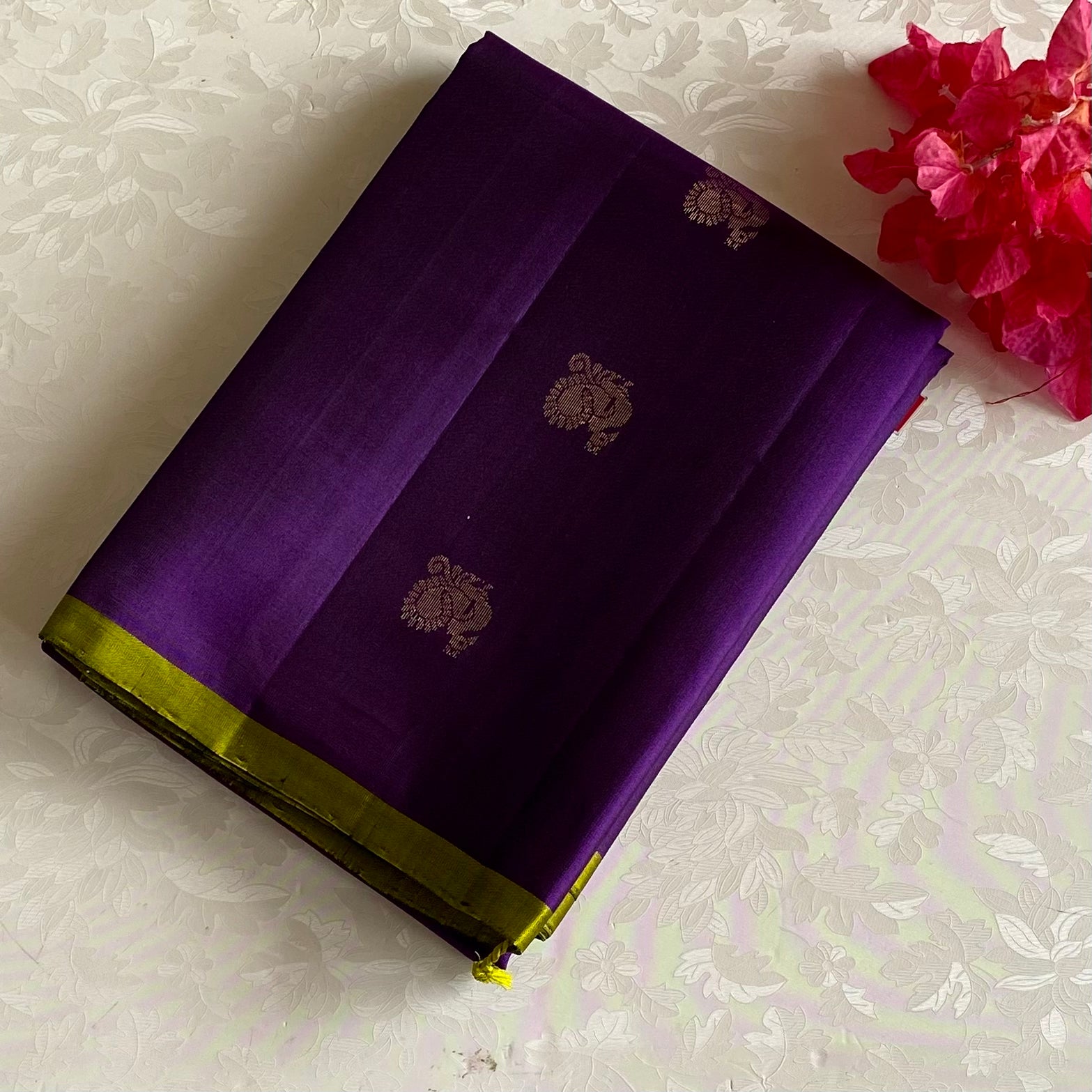 Royal Purple Designer Pure Silk Saree With Lime Green Pallu