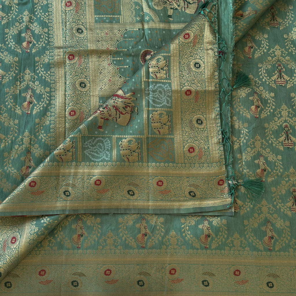 Sea Green Silk Brocade Saree with Gold Zari and Tassels