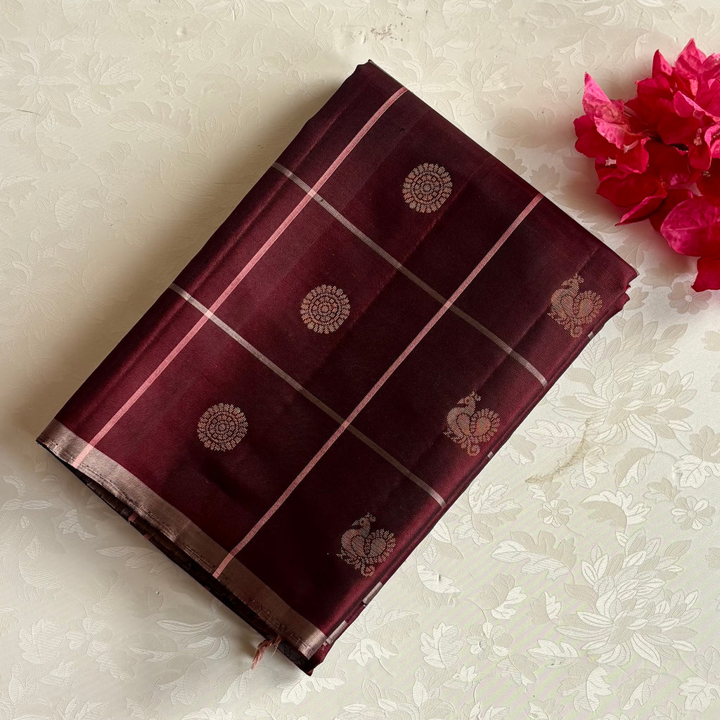 Burgundy Designer Pure Silk Saree With Dusty Rose Pallu And Gold Buttas