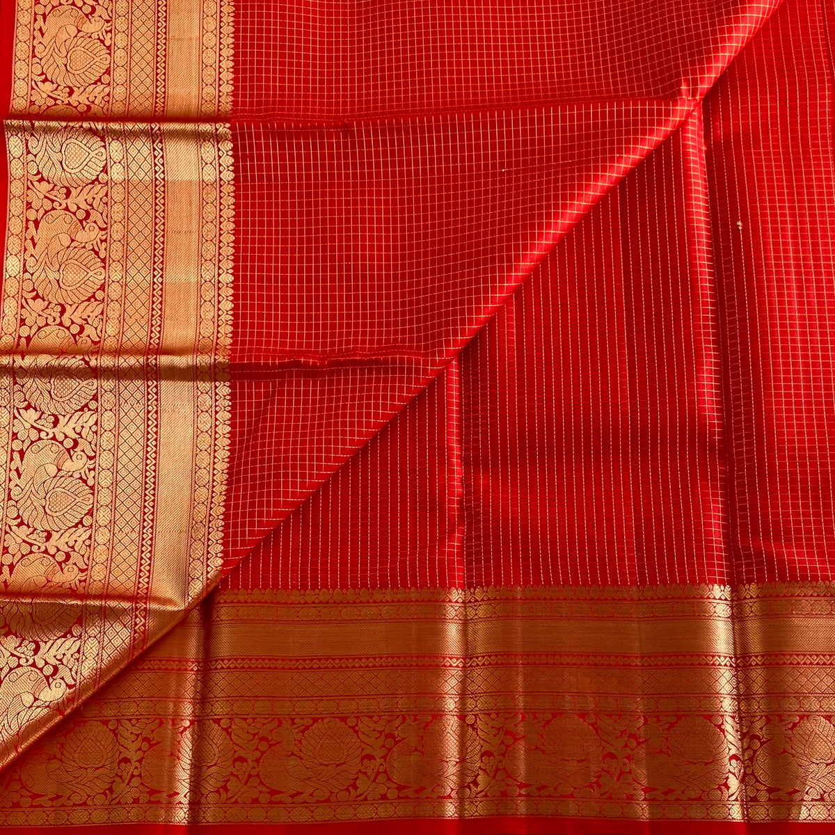 Micro Checkered Vermilion Red Designer Pure Silk Saree With Antique Gold Pallu