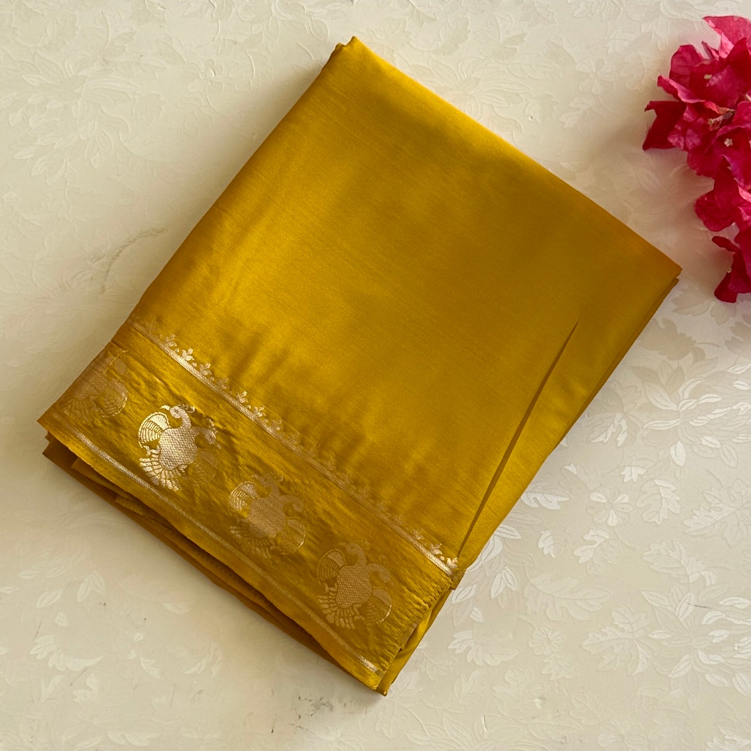 Mustard Yellow Silk Saree Golden Border Round Motif Festive Wear