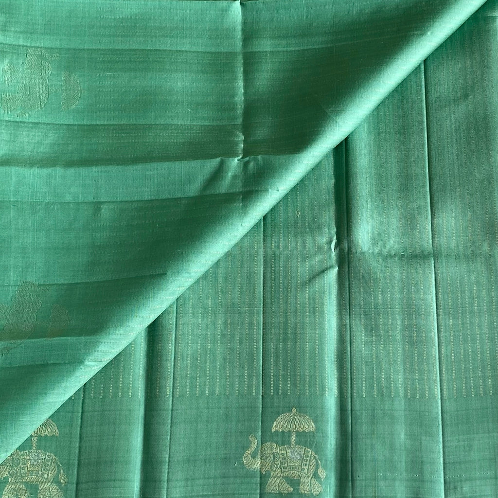 Mint Green Designer Pure Silk Saree With Elephant Zari Diamond Pallu