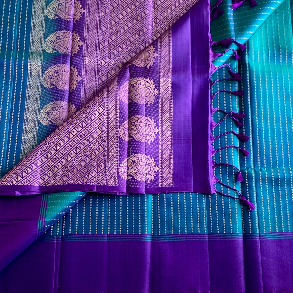 Turquoise Zari Stripes Designer Pure Silk with Cadbury Purple Pallu
