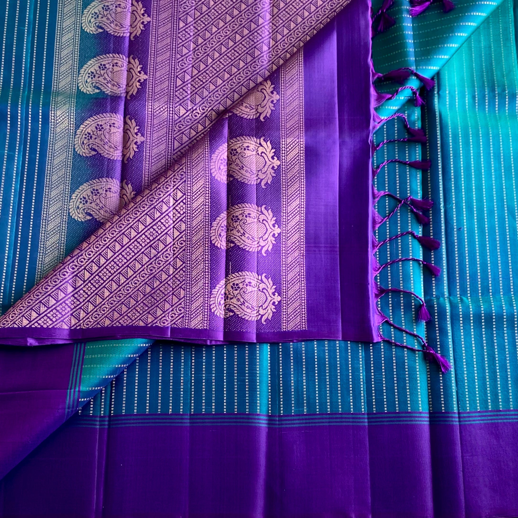 Turquoise Zari Stripes Designer Pure Silk with Cadbury Purple Pallu