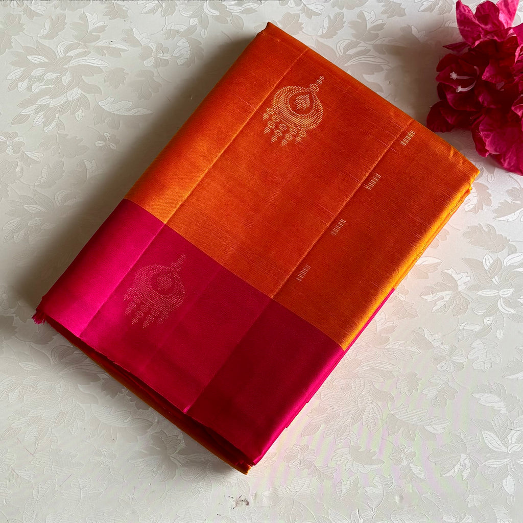 Saffron Orange & Rani Pink Designer Pure Silk Saree WithGold Zari