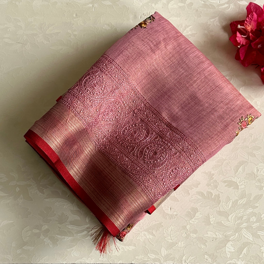 Dusty Rose Soft Linen with Embroidered Beauty With Scarlet Red Border