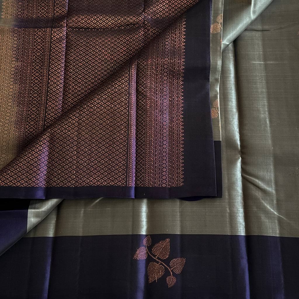 Deep Violet Pale Steel Blue Saree With Copper Leaf Zari