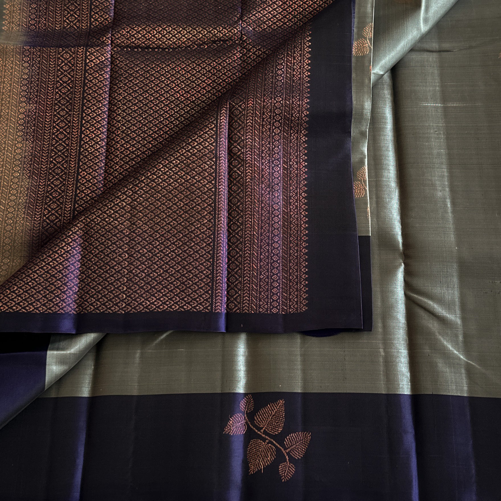 Deep Violet Pale Steel Blue Saree With Copper Leaf Zari