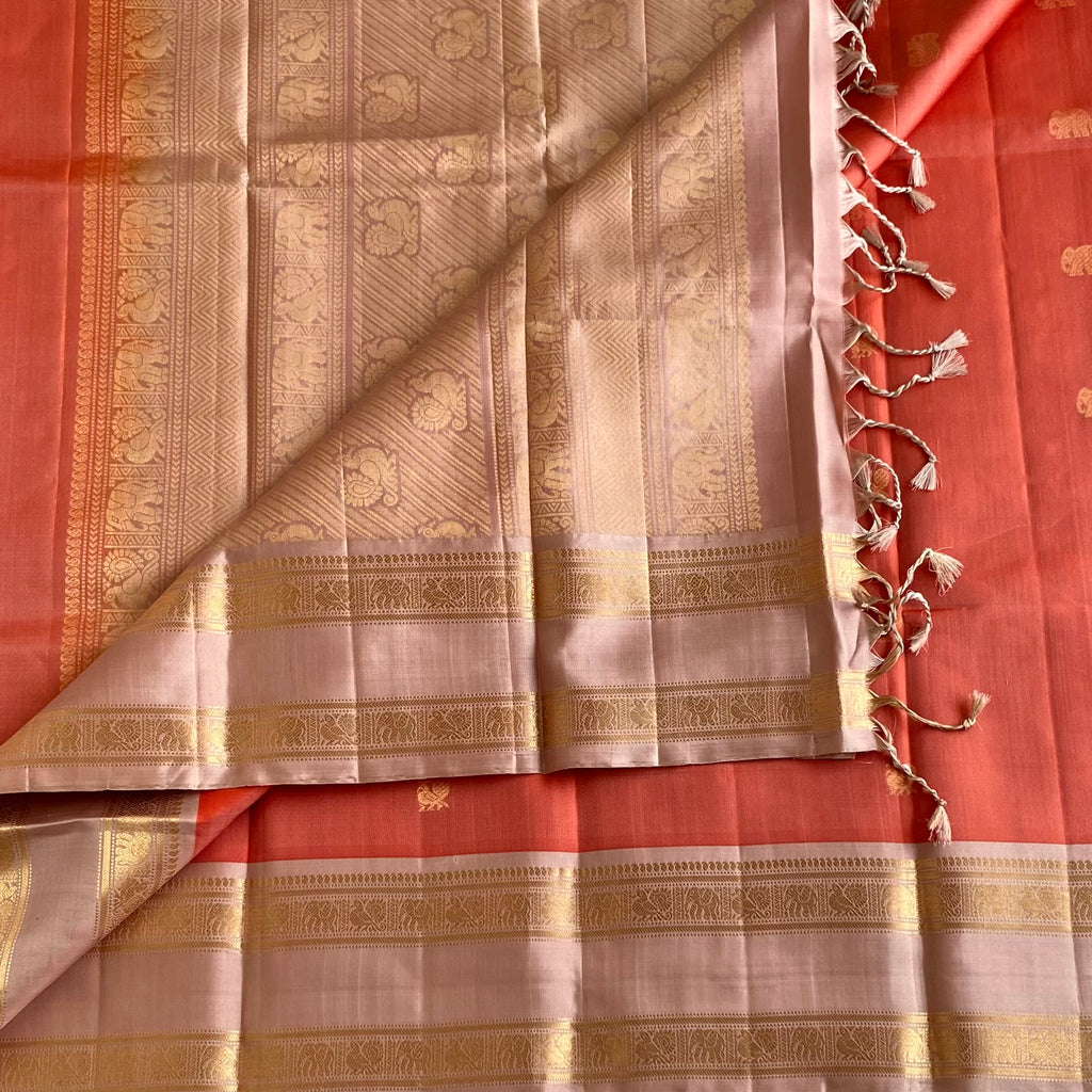 Coral Orange Designer Pure Silk Saree With Dusty Rose Pallu