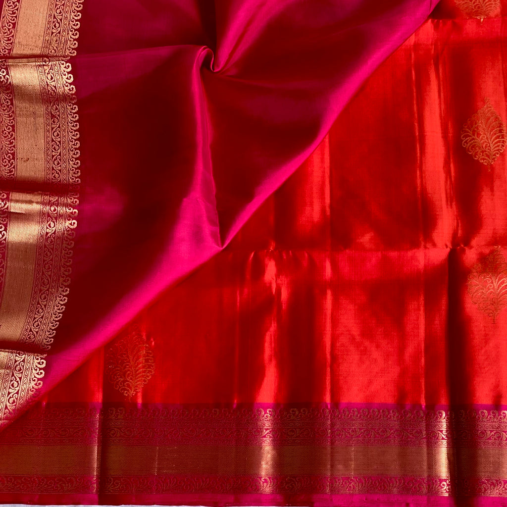 Scarlet Red Designer Pure Silk Saree With Rani Pink Pallu