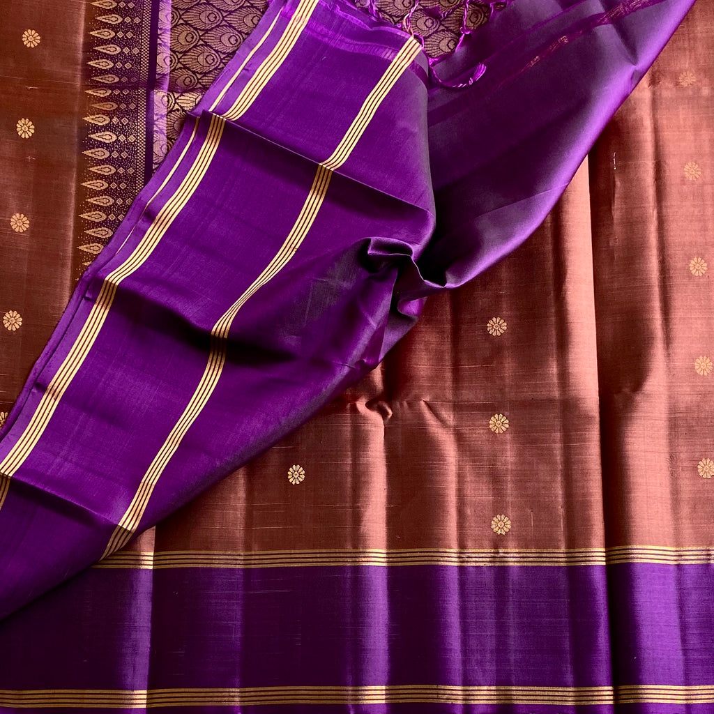 Burnt Copper Designer Pure Silk Saree With Royal Purple Contrast