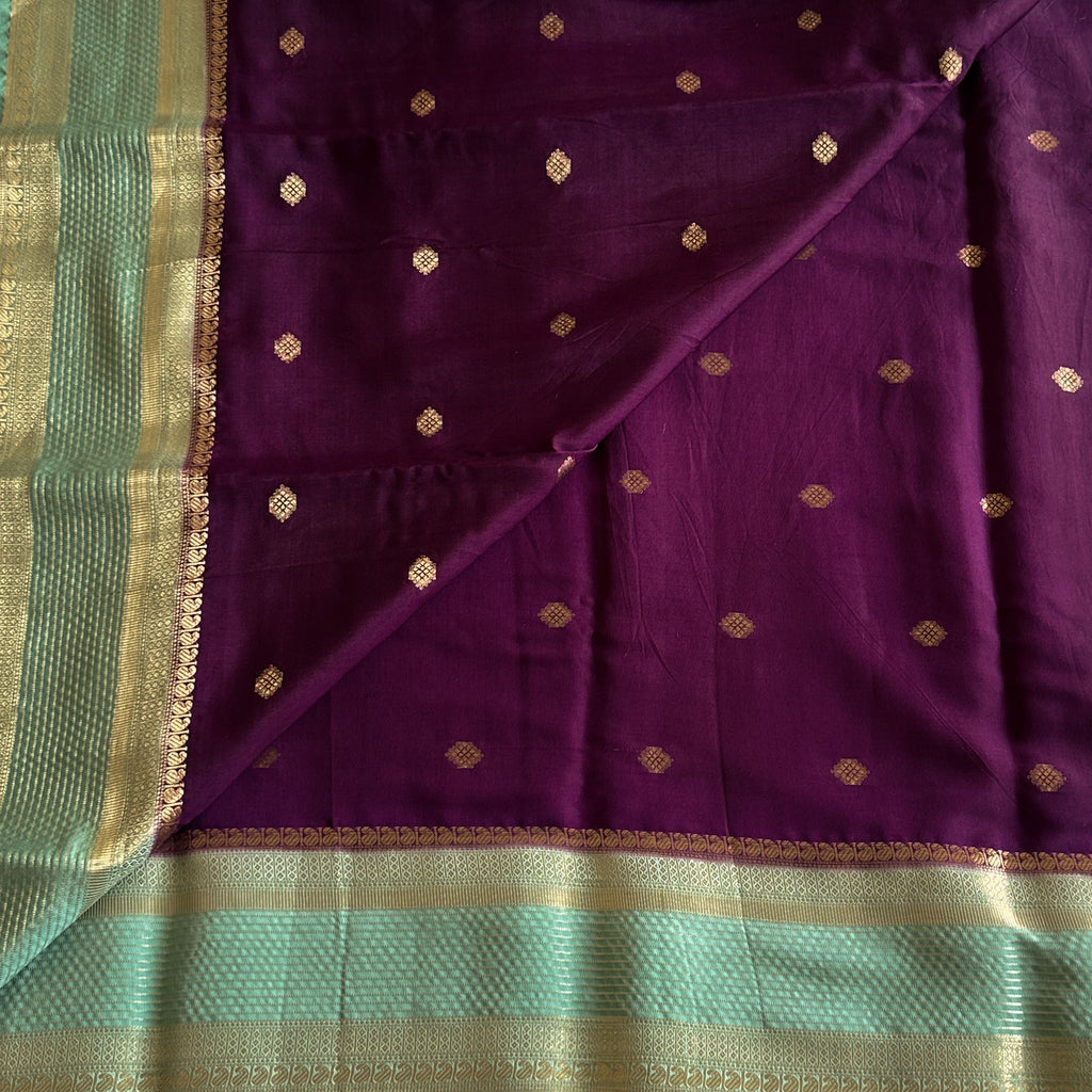 Plum Purple Silk Saree Seafoam Green Zari Buta Traditional Wedding