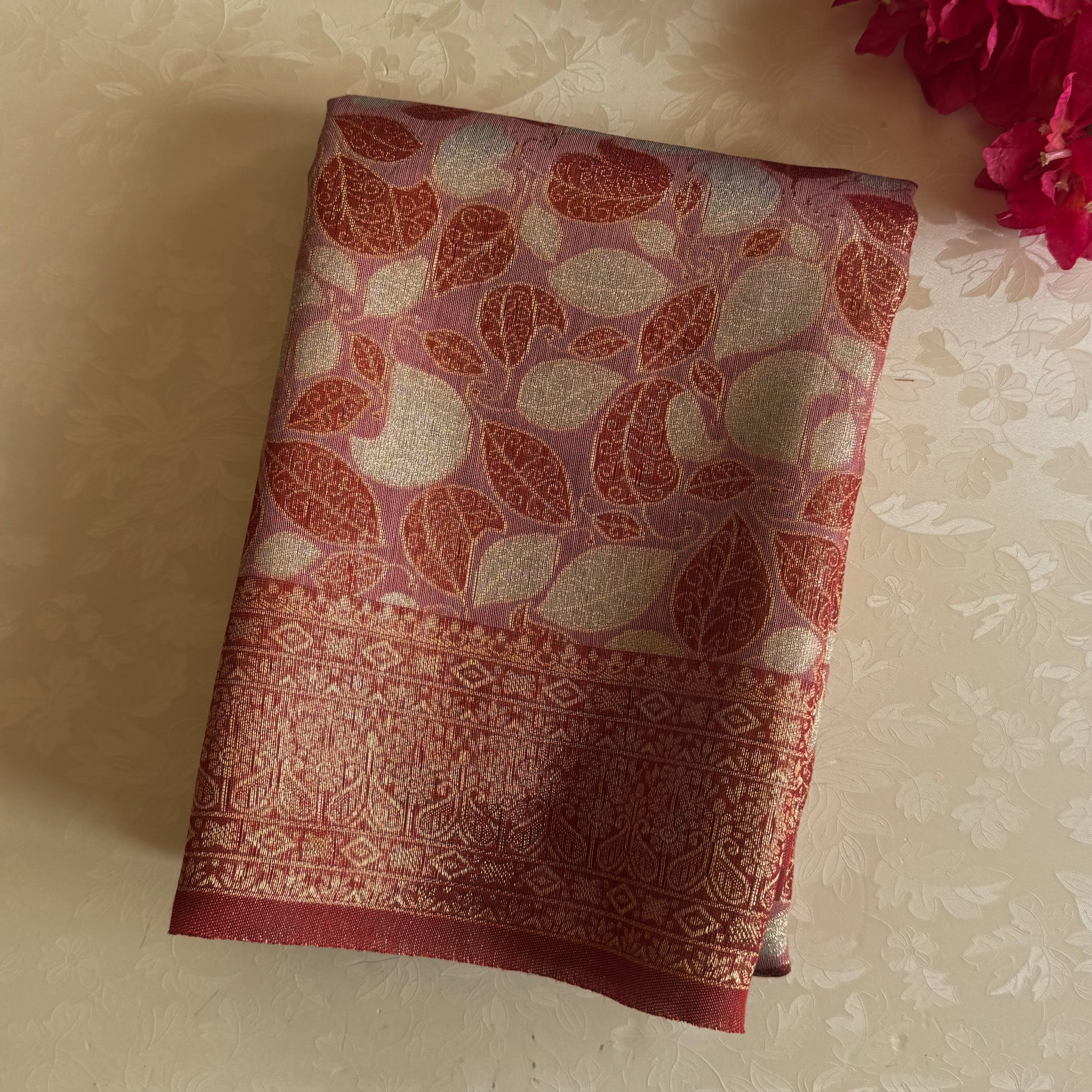 Maroon Gold Brocade Saree Leaf Motif Tassel Pallu Wedding Silk
