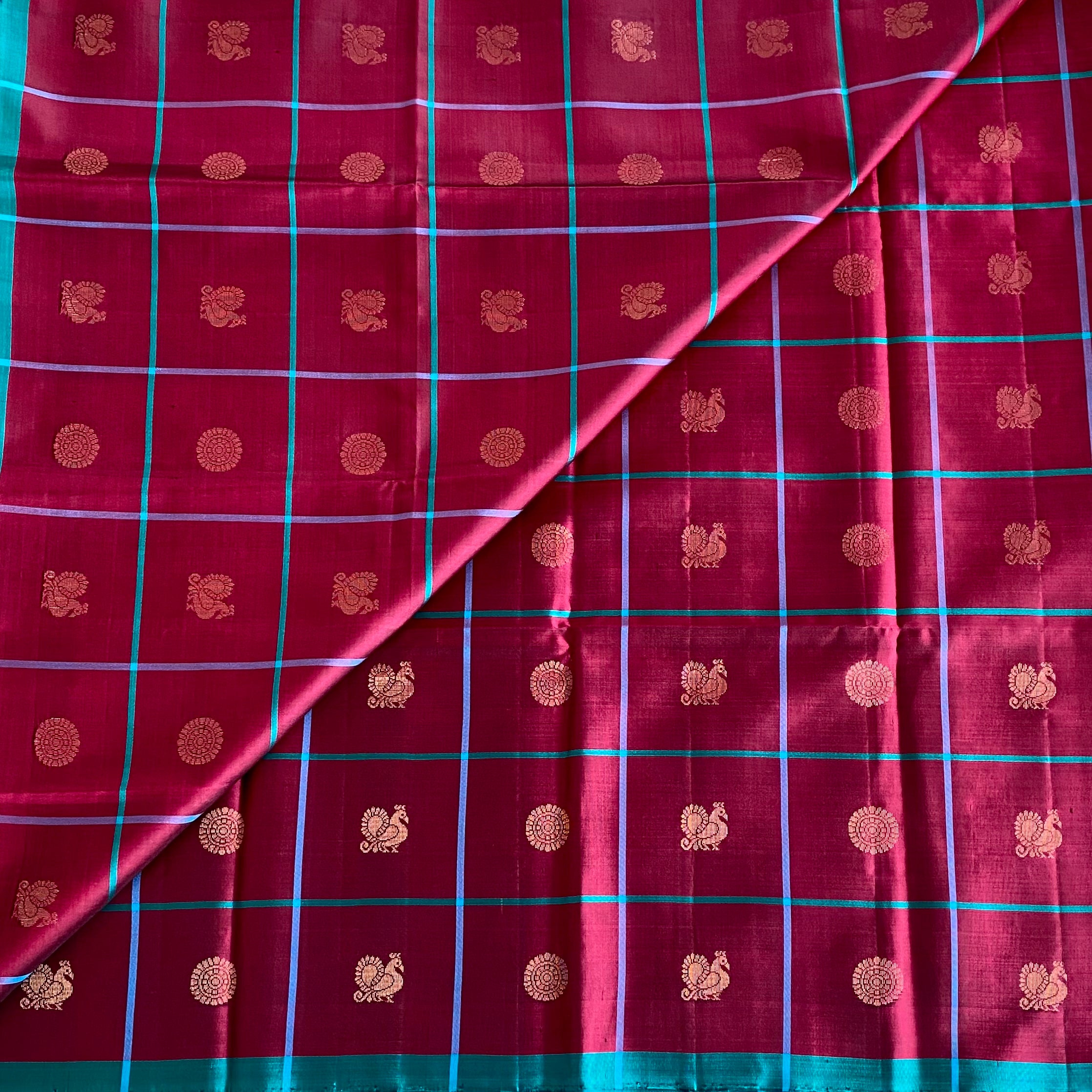 Wine Maroon Designer Pure Silk Saree Peacock Teal Contrast Pallu Zari Border