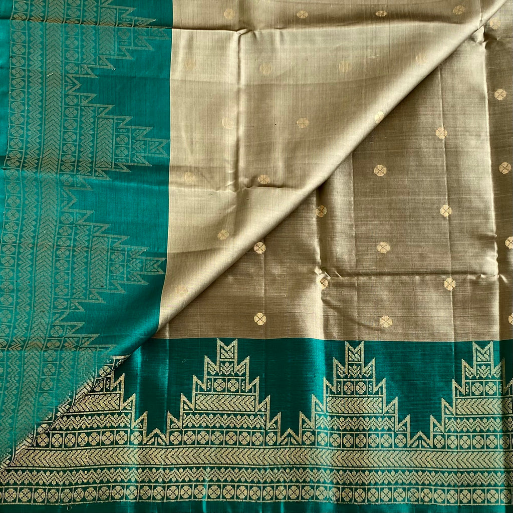 Taupe Grey Designer Pure Silk Saree With Teal Zari Pallu