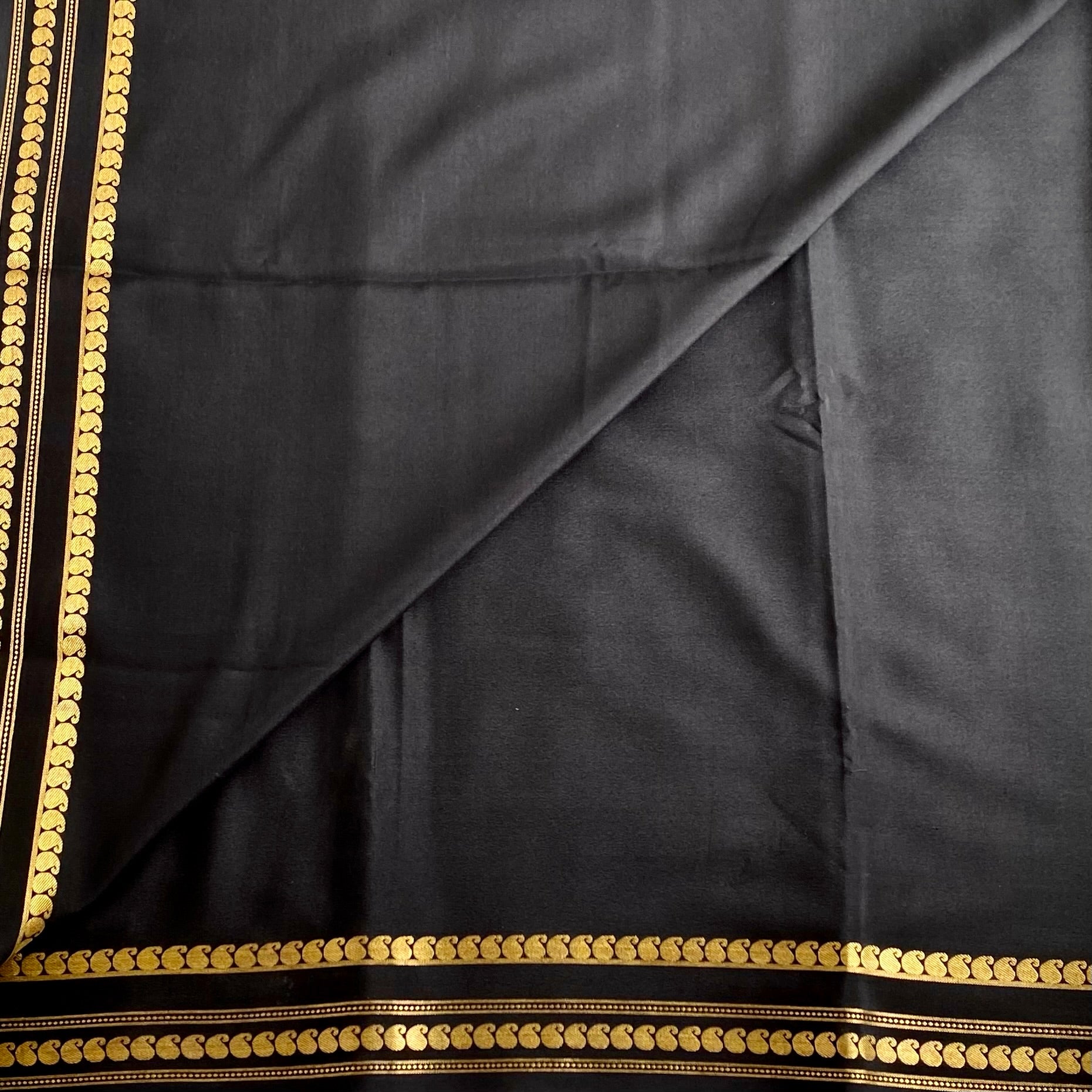 Jet Black Mysore Crepe Silk Saree With Antique Gold Border
