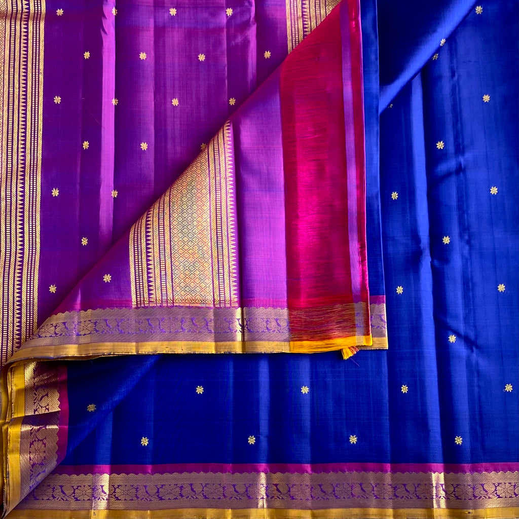 Royal Blue Kanjeevaram Pure Zari Silk Saree With Magenta Purple Pallu