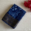 Ajrakh Handblock Printed Silk Navy Blue Saree With Metallic Gold Pallu