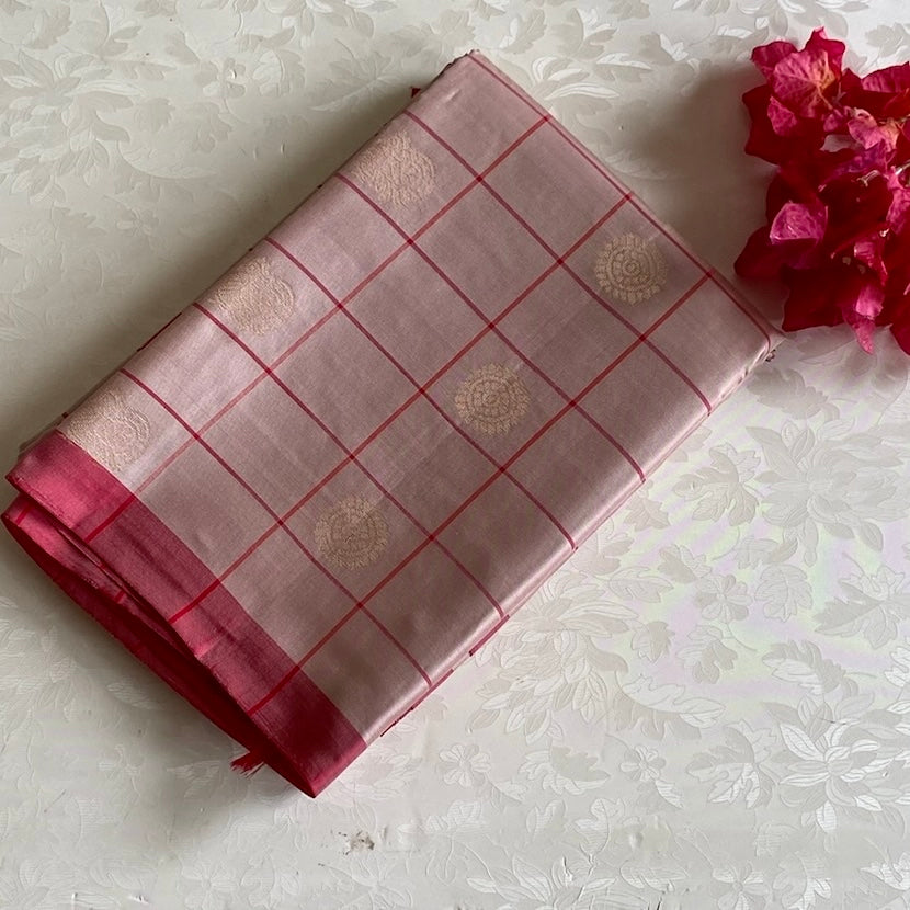 Blush Beige Designer Pure Silk Saree With Crimson Red Pallu
