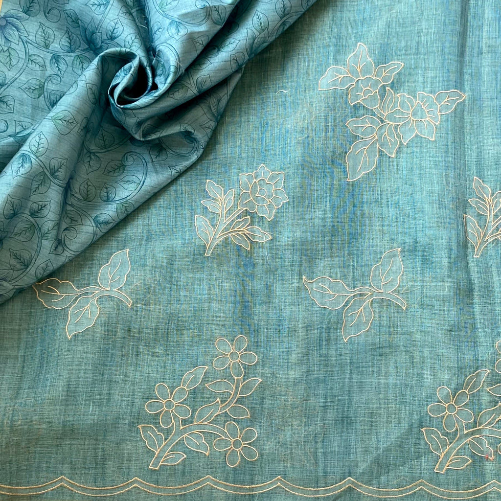 Teal Embroidered Sheer Saree with Scalloped Border and Tassels