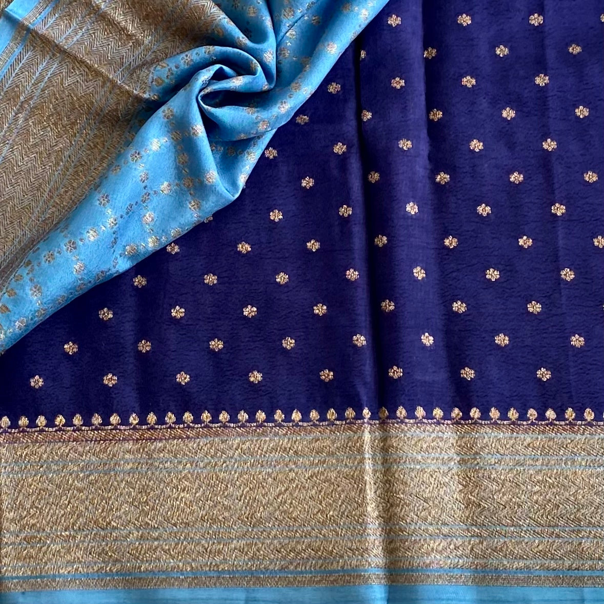 Midnight Blue Banarasi Crepe Silk Saree With Sky Blue Contrast