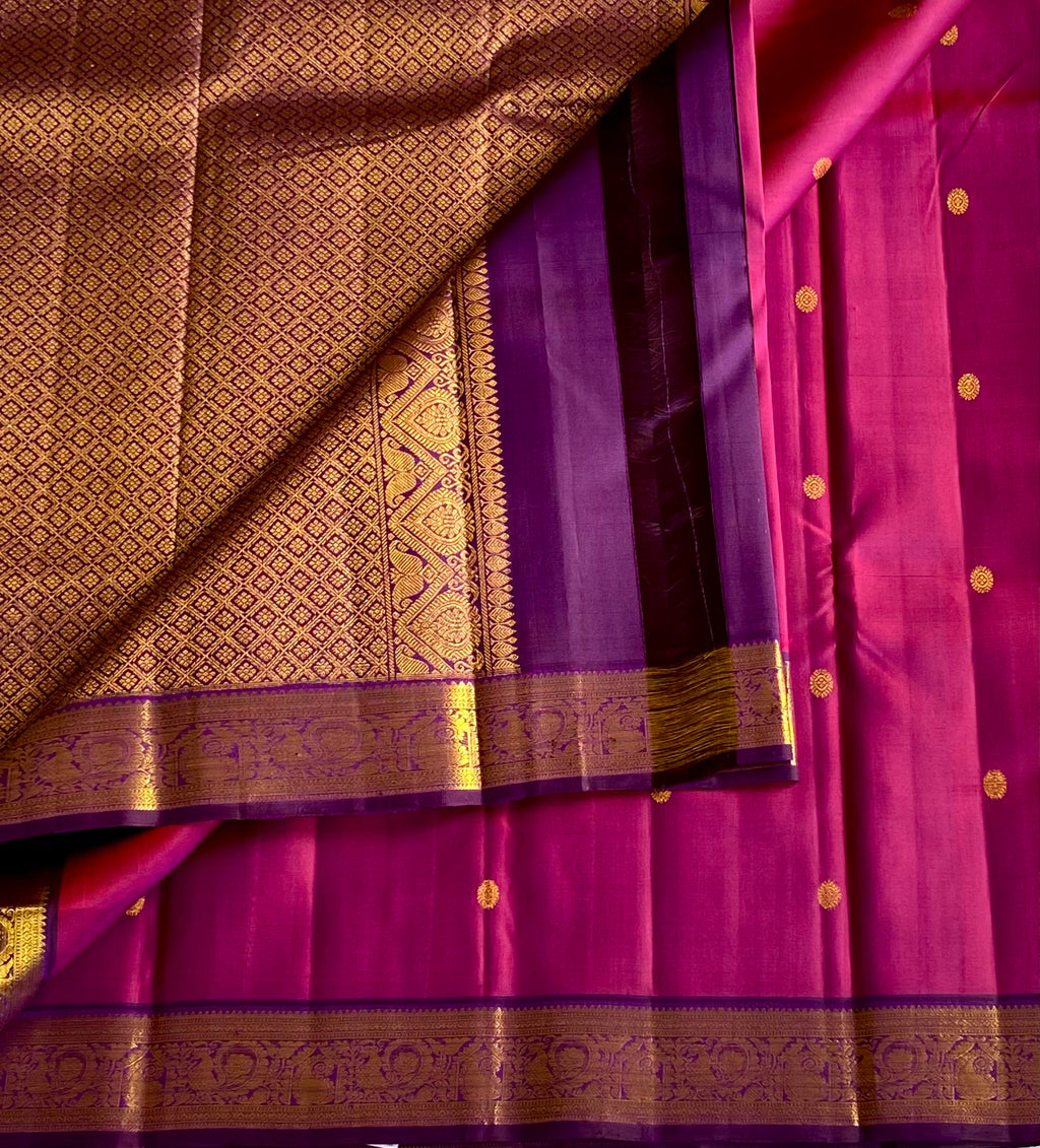 Fuchsia Purple Saree with Gold Zari Border Traditional Weddings Attire
