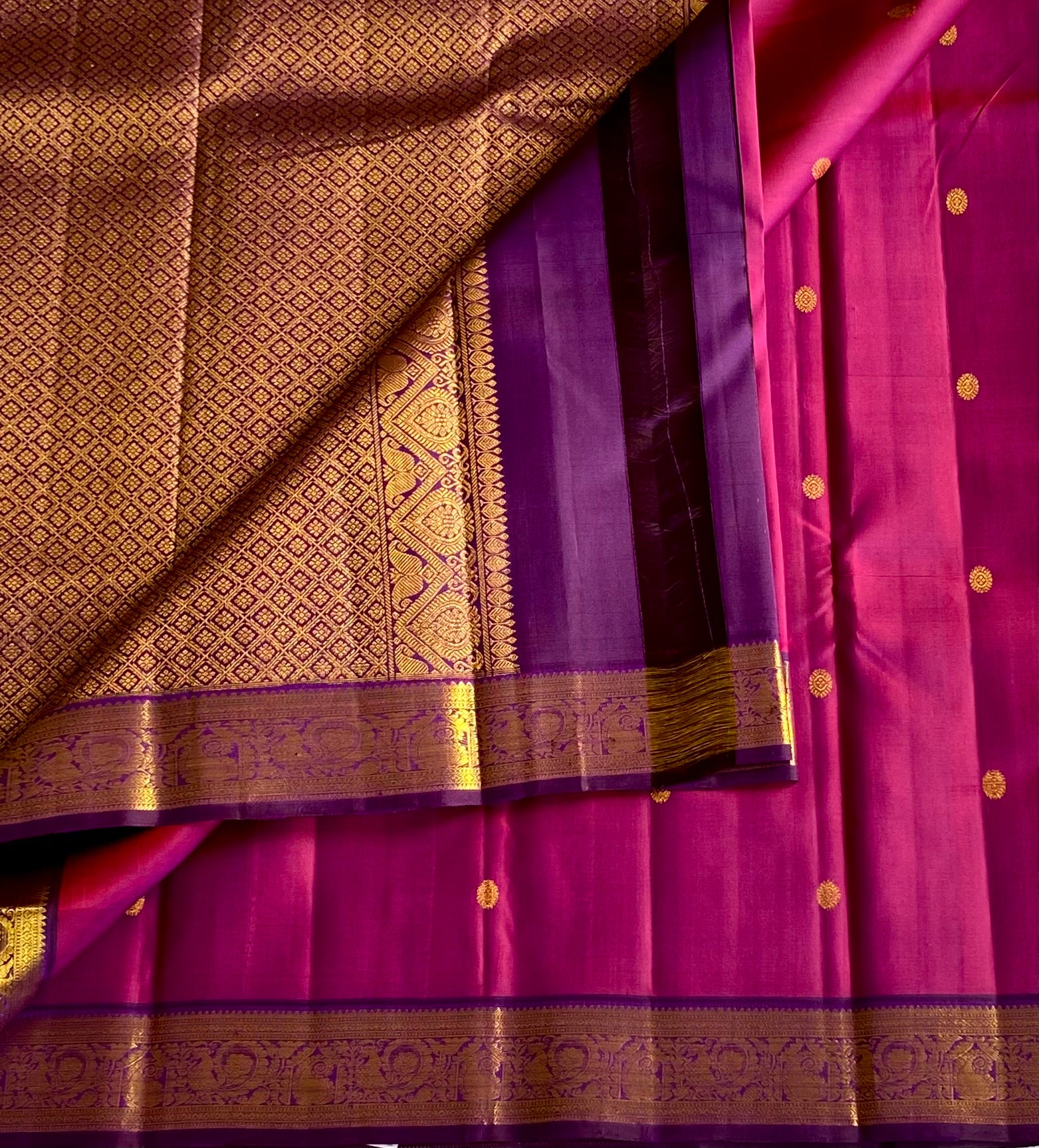 Fuchsia Purple Saree with Gold Zari Border Traditional Weddings Attire