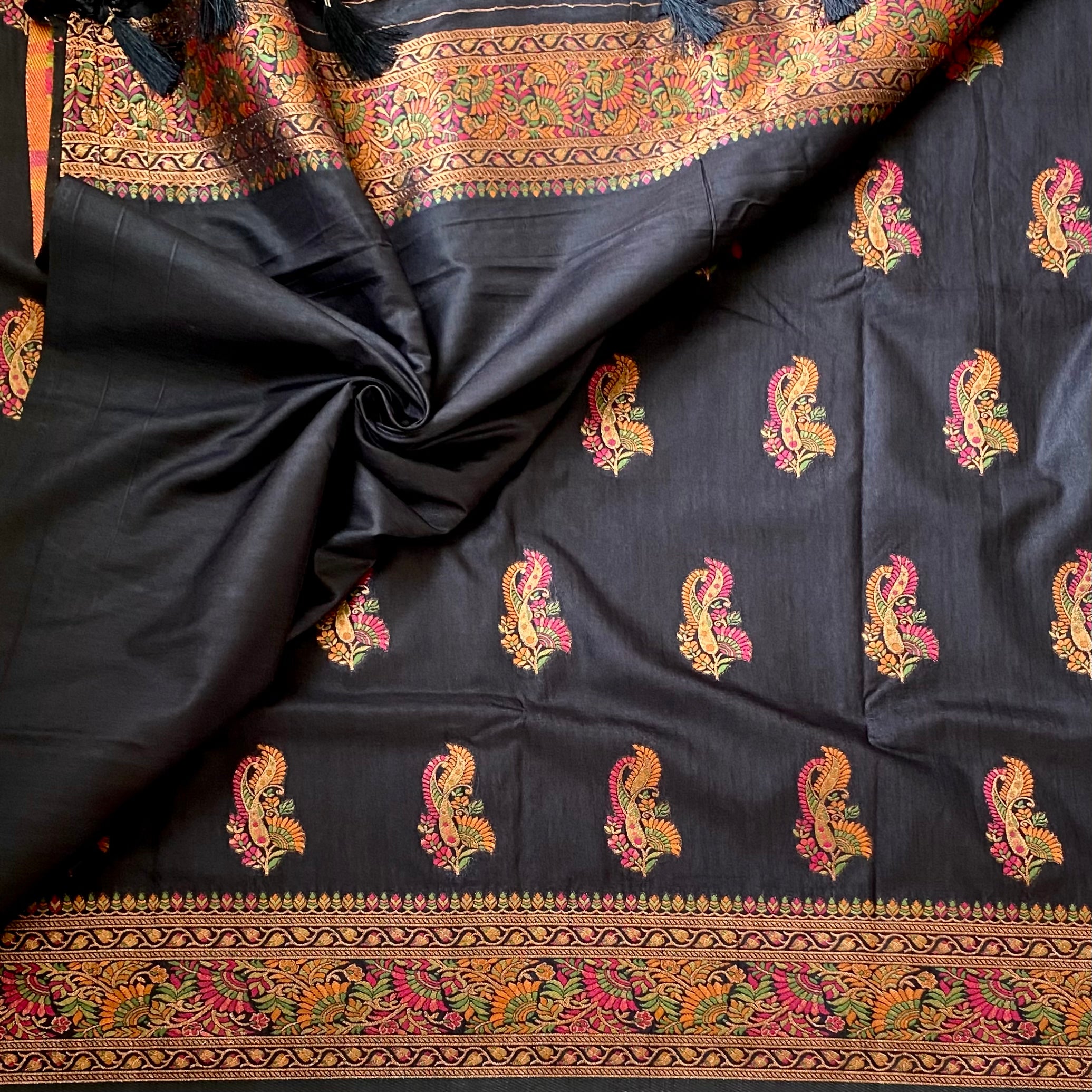 Black with Meenakari woven(not printed) soft tussar with rich pallu