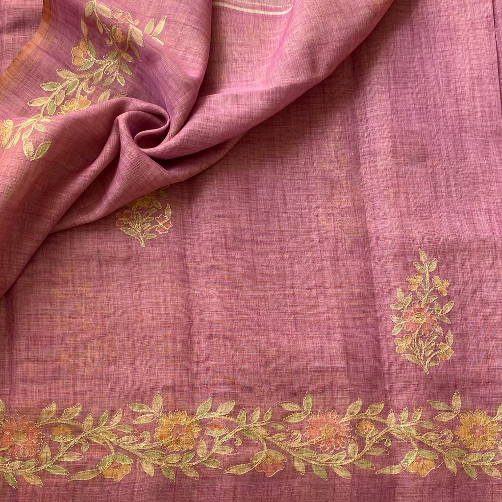 Elegant Rose Mauve Floral Embroidered Saree with Gold Border Tassels