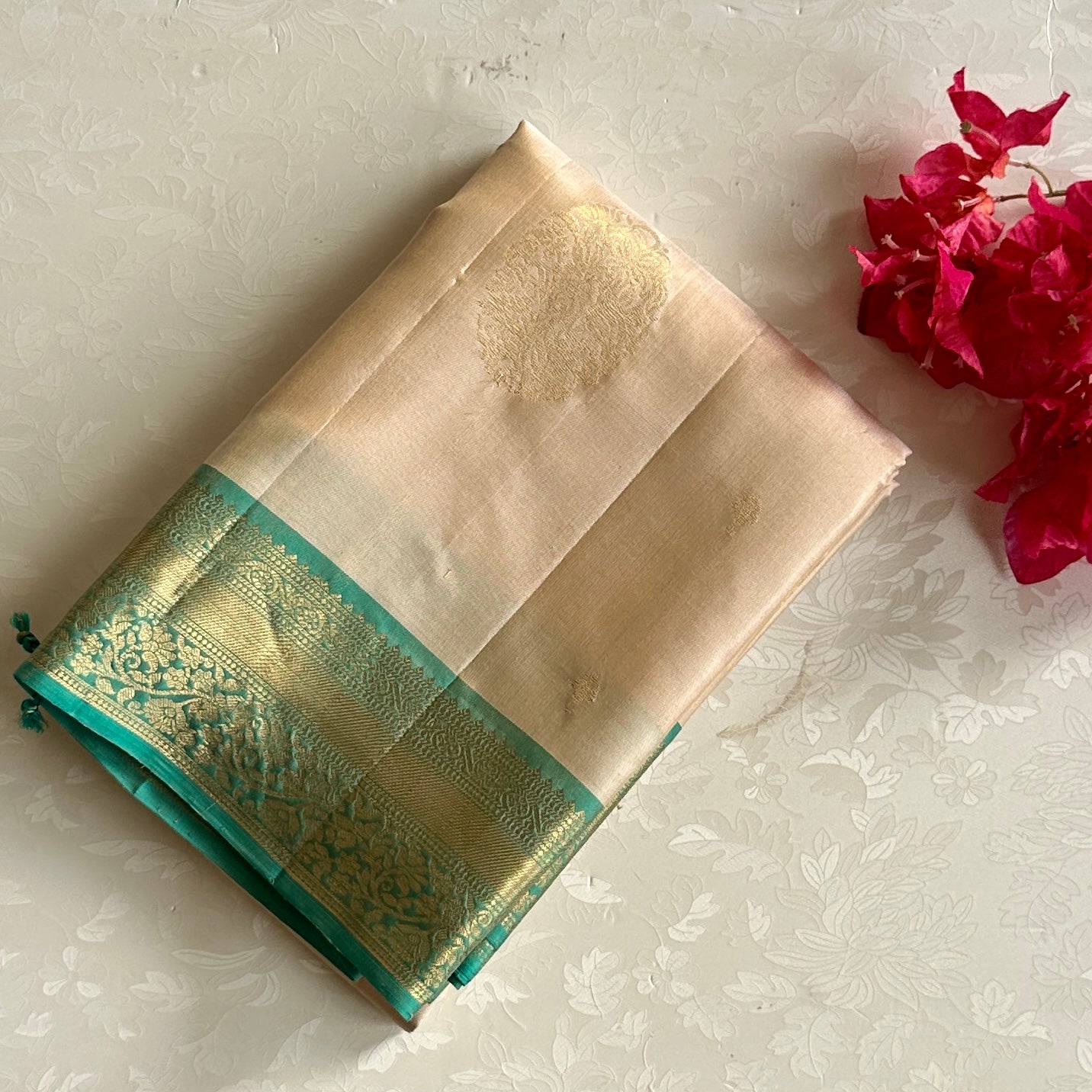 Pastel Beige Designer Pure Silk Saree With Sea Green Pallu