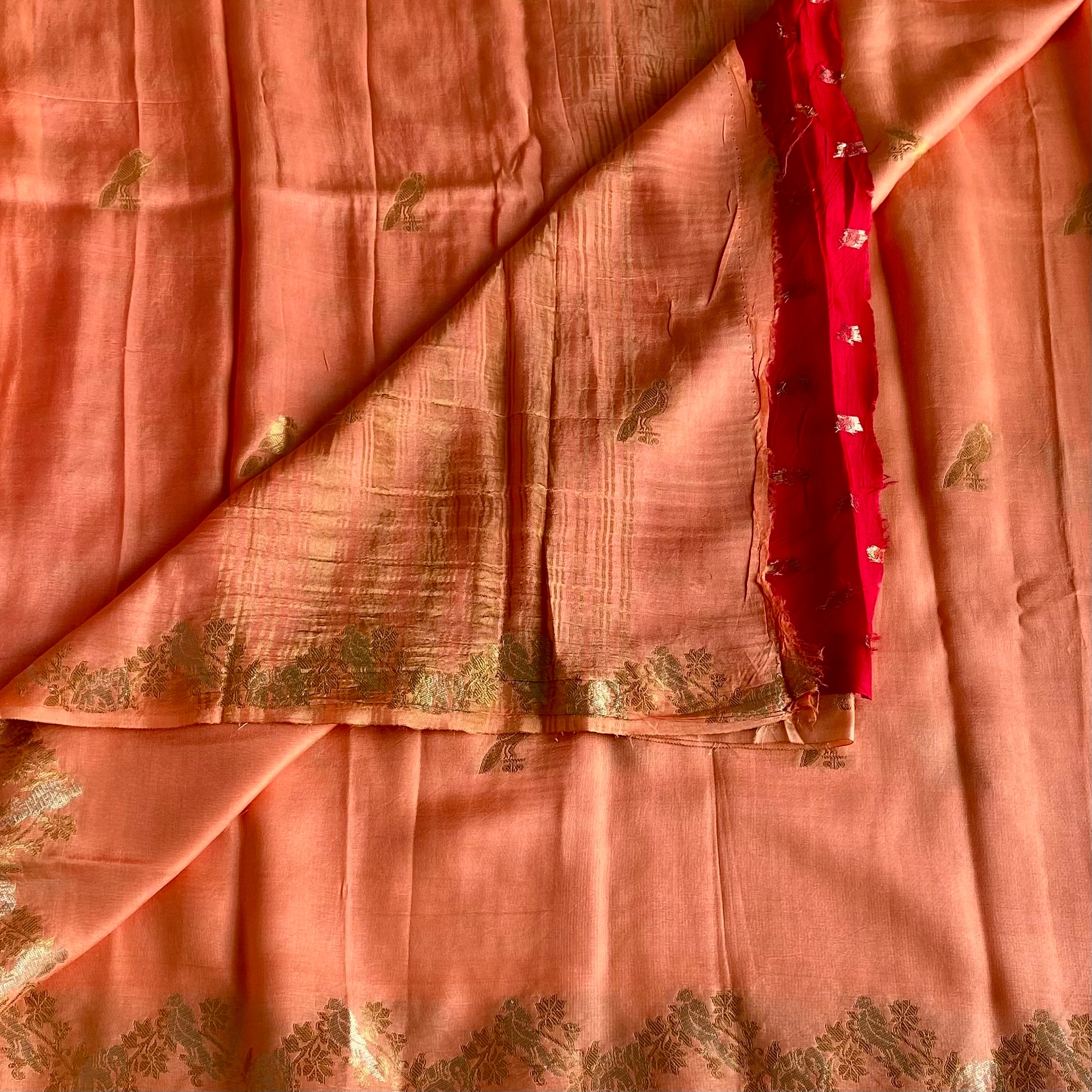 Salmon Pink Saree Gold Bird Motifs Floral Zari Border