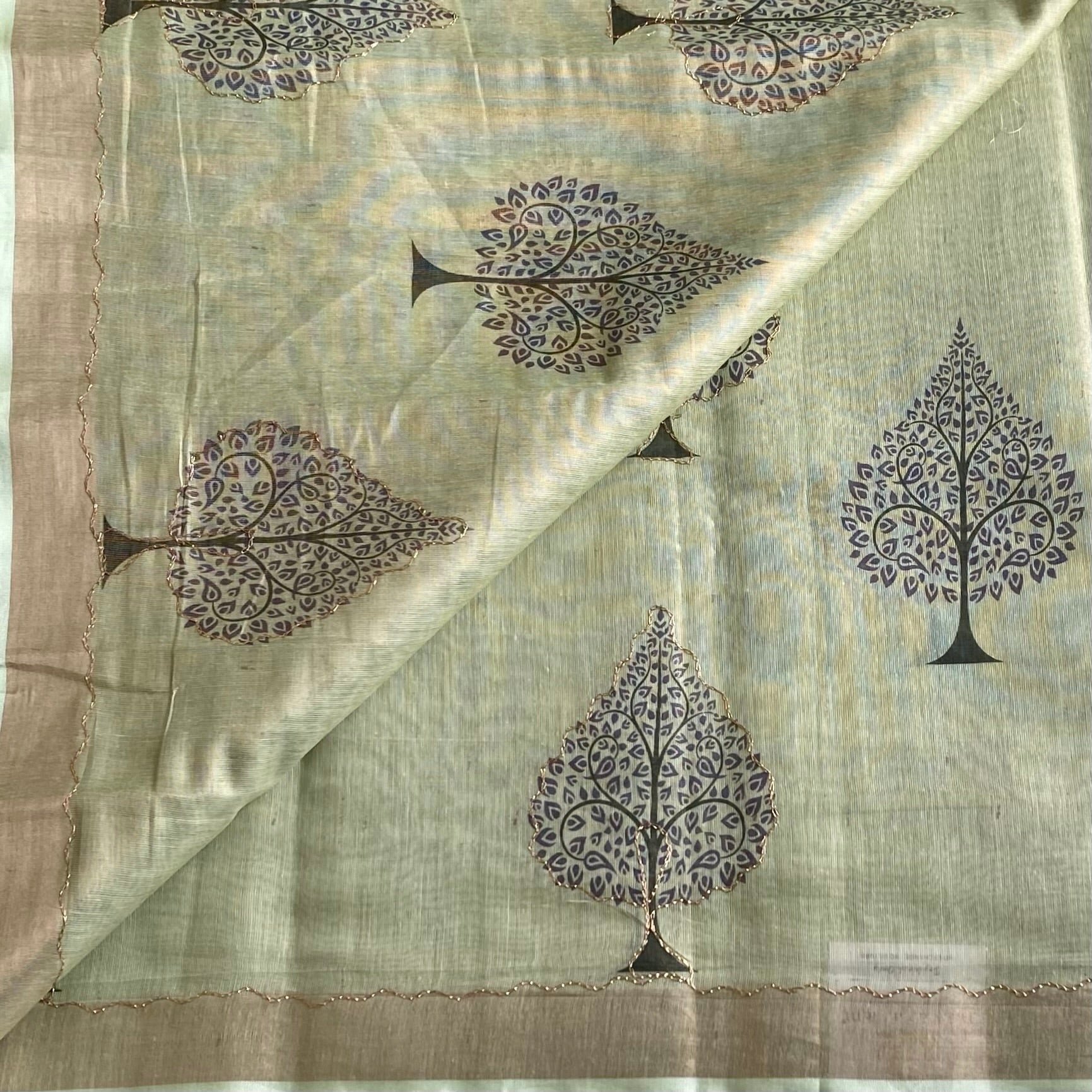 Pistachio Green Softest Linen Tussar Saree With Olive Green Printed Blouse