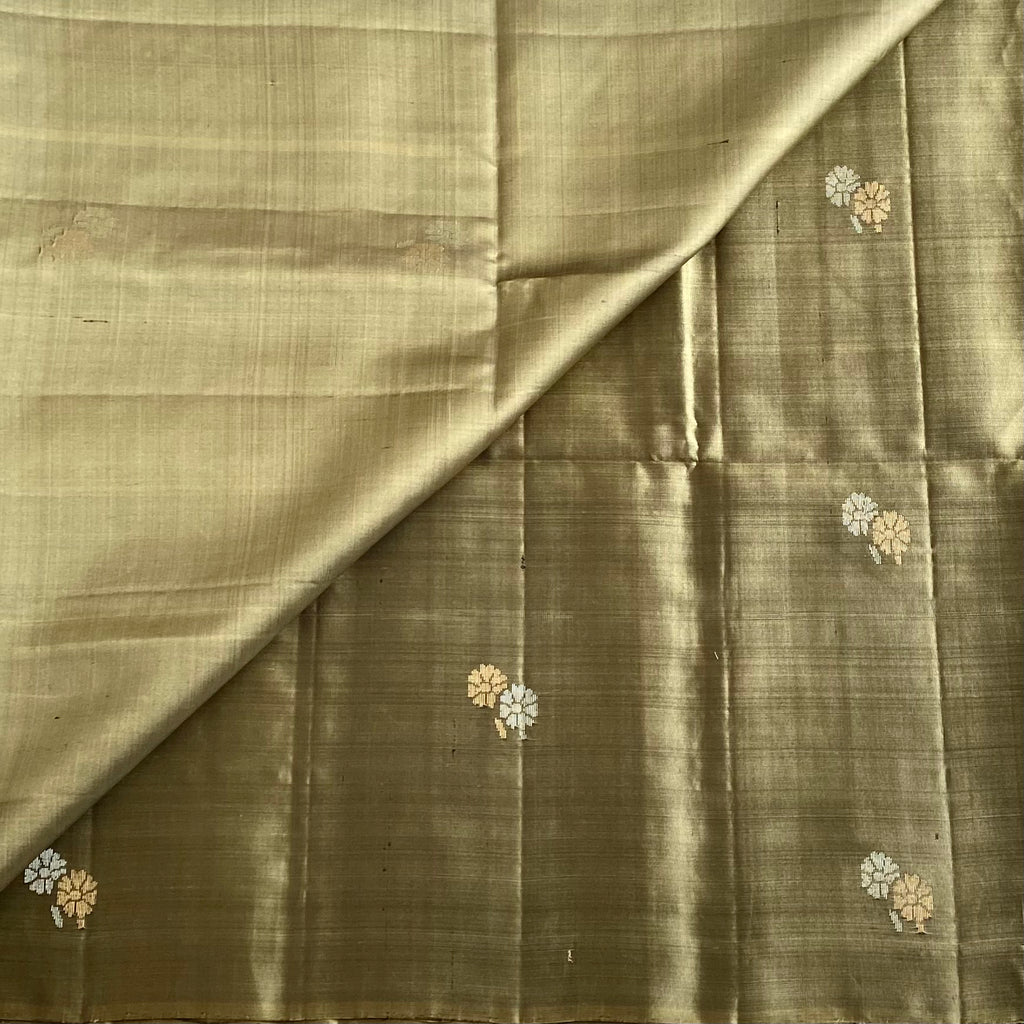 Metallic Olive Green Designer Pure Silk Saree With Rani Pink Pallu