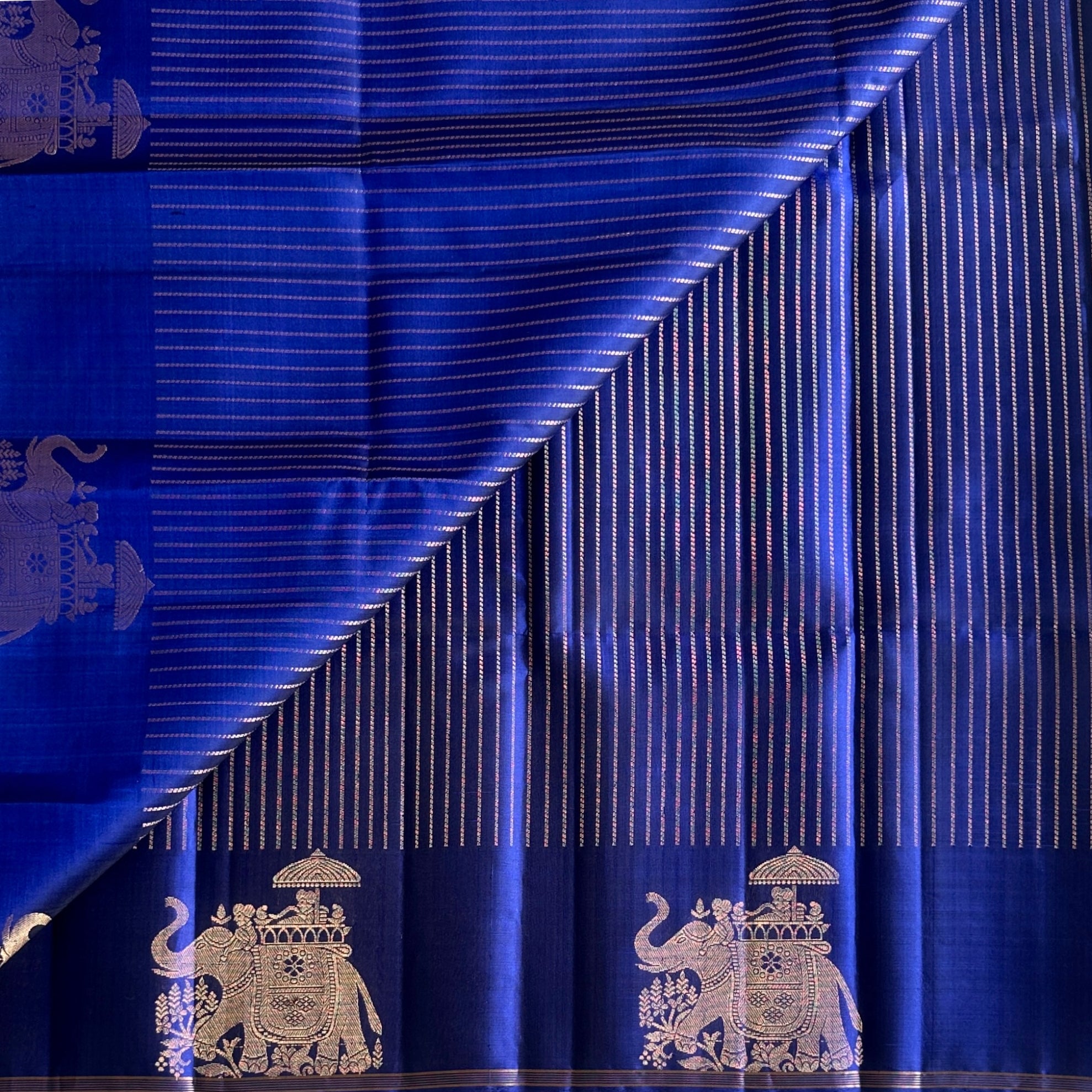 Traditional Royal Blue Saree Antique Gold Elephant Border Brocade Pallu