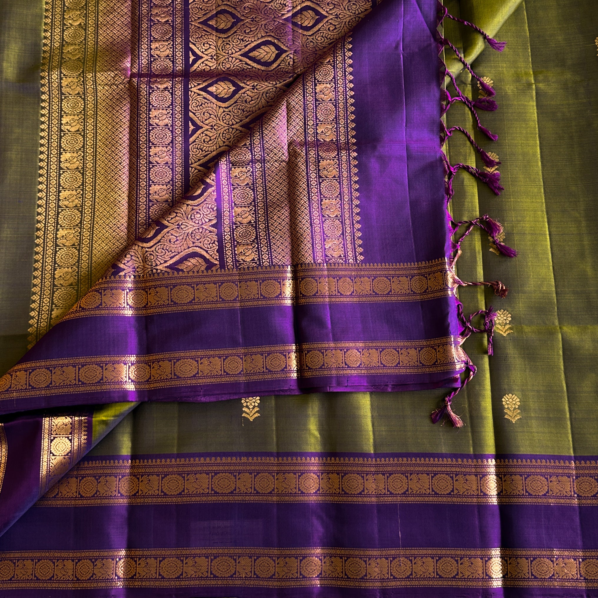 Royal Purple Olive Green Kanchipuram Silk Saree Gold Zari Border