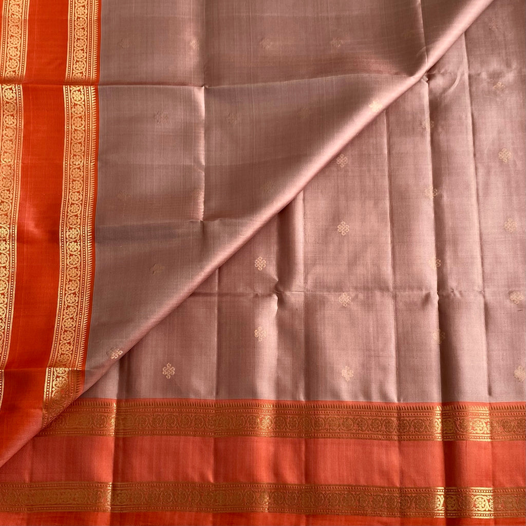 Dusty Mauve Designer Pure Silk Saree With Burnt Orange Pallu