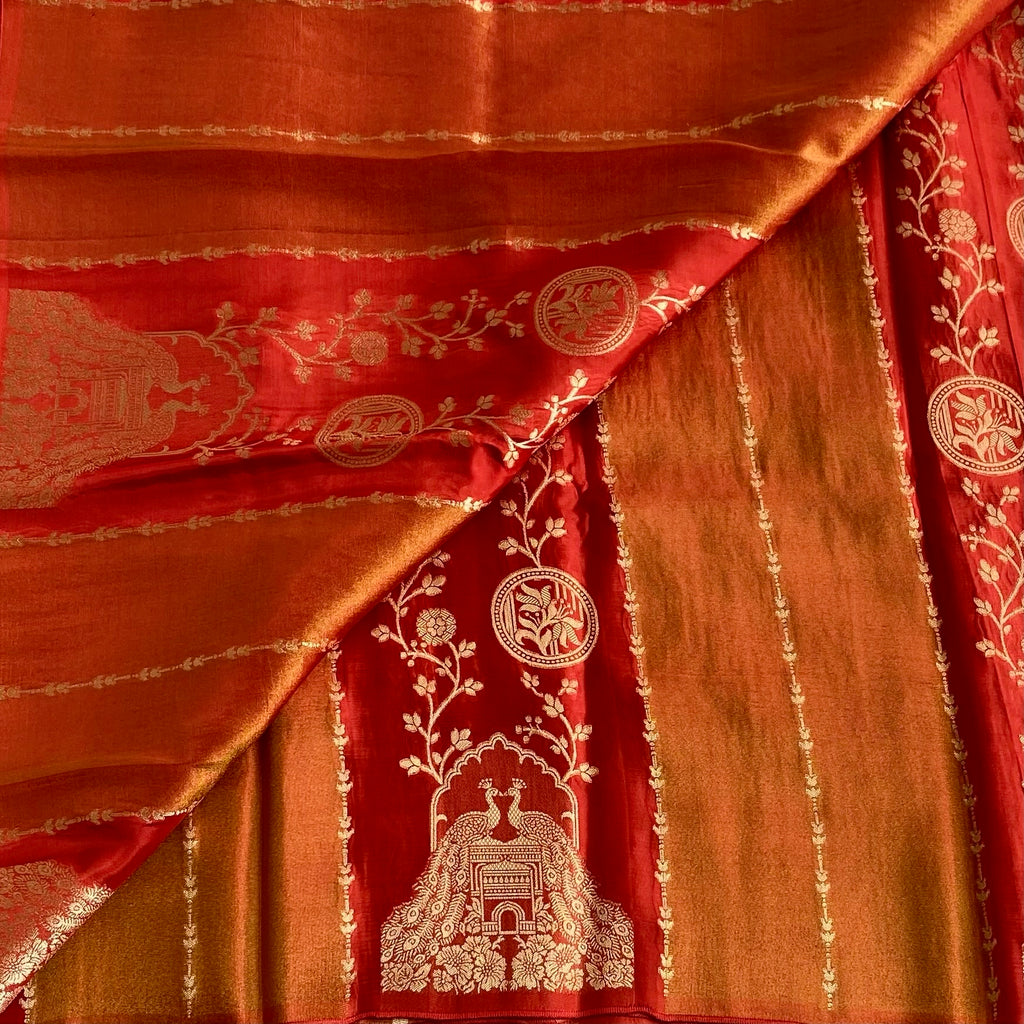 Vermilion Red With Vivid Orange Soft Tussar Silk Saree Antique Gold Peacock Motifs