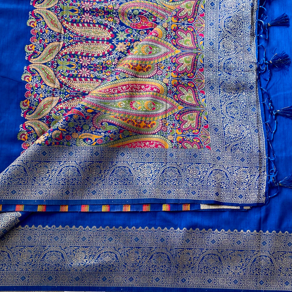 Royal Blue Jamawar Silk Saree Magenta Olive Paisley Pallu Silver Zari