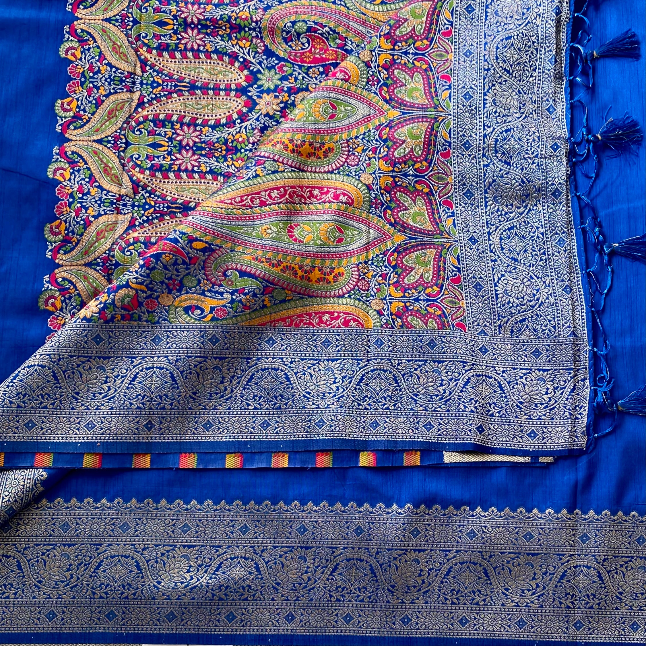 Royal Blue Jamawar Silk Saree Magenta Olive Paisley Pallu Silver Zari