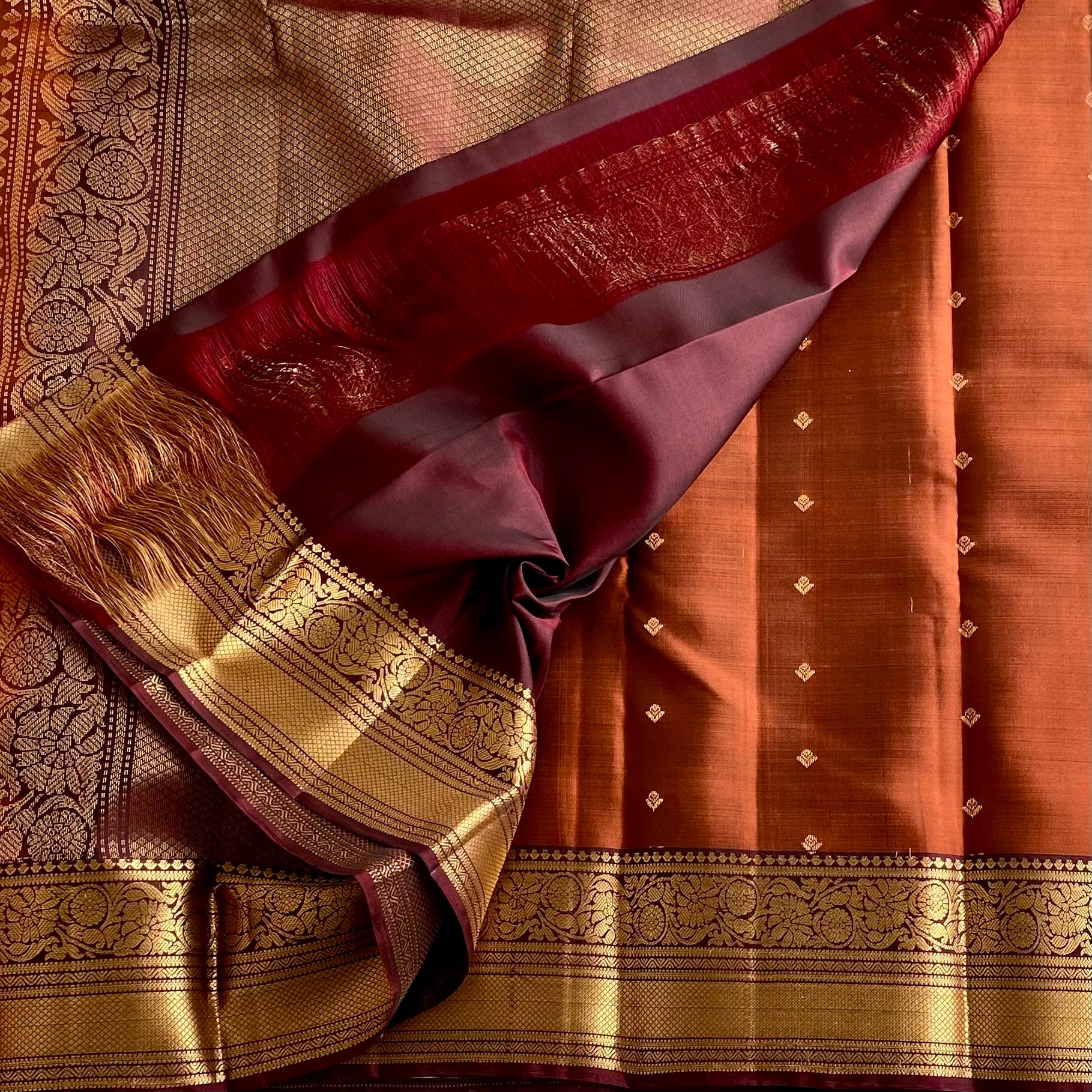 Burnt Orange Designer Pure Silk Saree With Burgundy Border And Gold Pallu