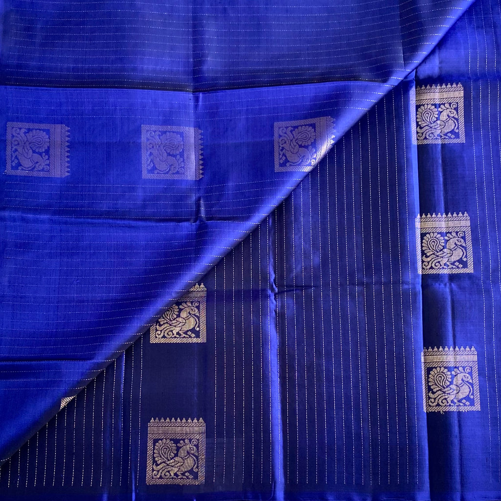 Royal Blue Designer Pure Silk Saree With Antique Zari Checks