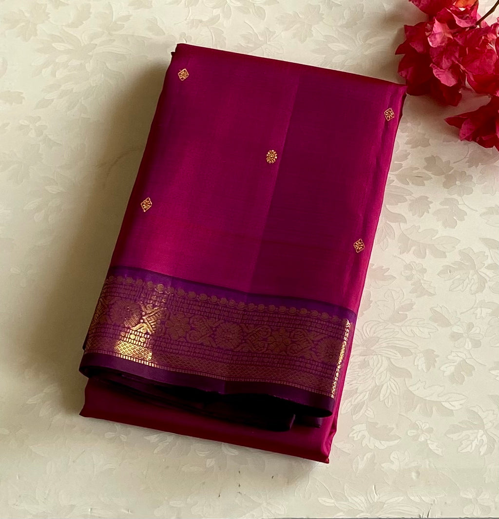 Magenta Silk Saree Purple Pallu Gold Brocade Traditional Wedding Wear