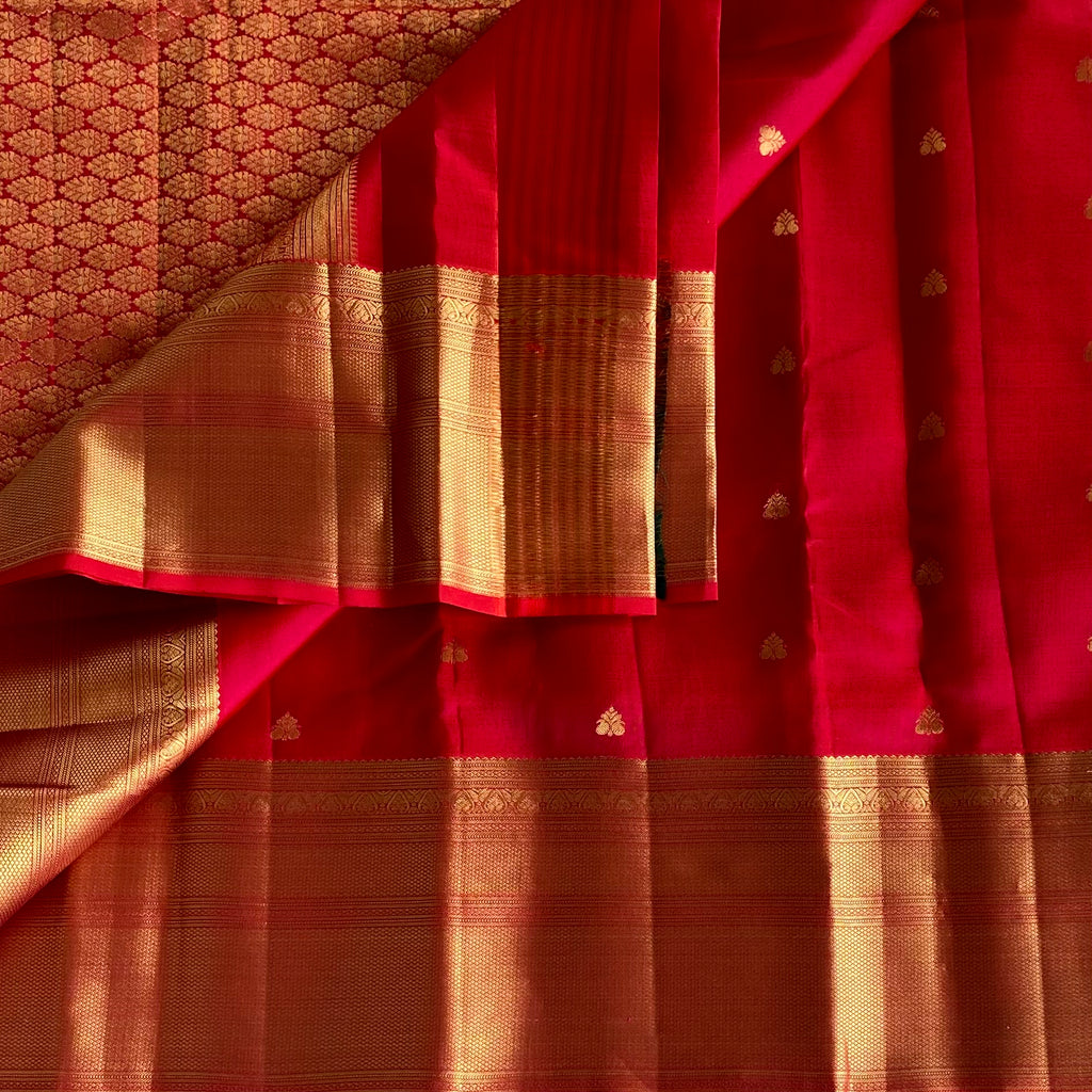 Ruby Red Designer Pure Silk Saree With Rani Pink Pallu Gold Border