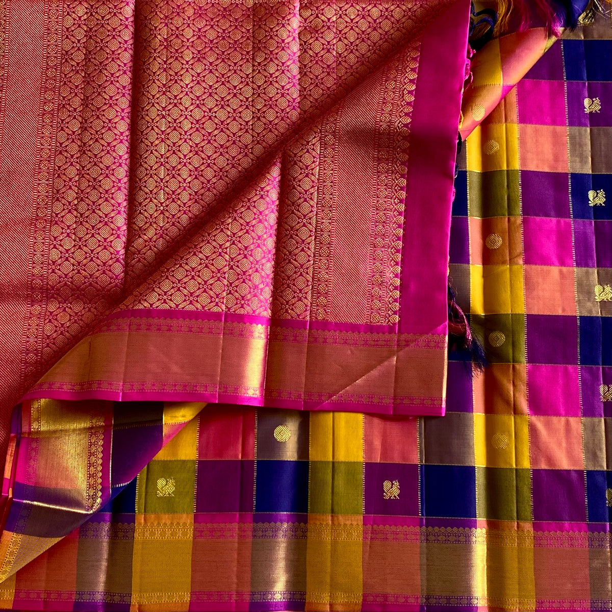 Kanjeevaram Pure Zari Multi Checkered Pink Blue Yellow Royalty